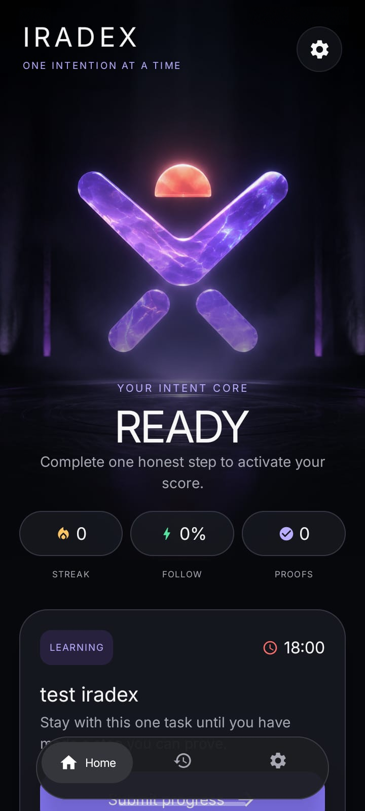 Iradex home and commitment screen